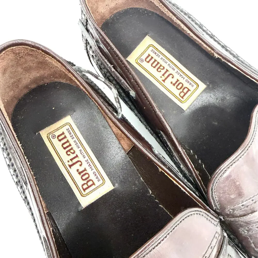 Vintage 90s Bor Jiann Dark Brown Genuine Leather Wingtip Tassel Kiltie Loafers